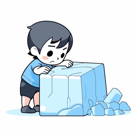 Illustration of a boy looking at an ice cube on a white backgrou