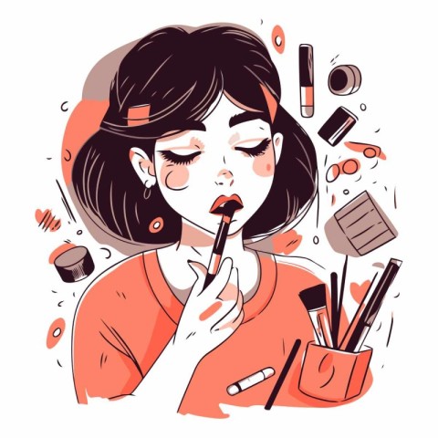 Vector illustration of a beautiful girl applying makeup with a b