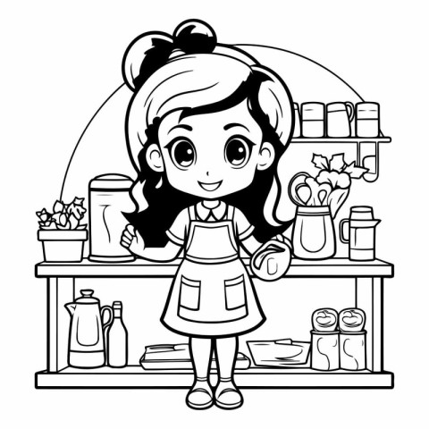 Cute little girl in apron and apron standing on shelf with clean