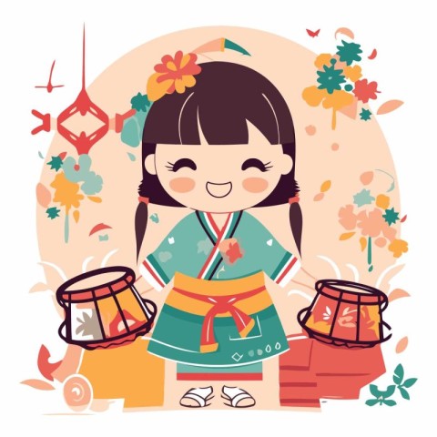 Cute little girl in kimono playing drum and singing.