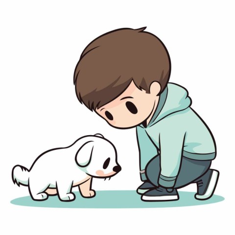 Illustration of a Little Boy Playing with a Cute Puppy