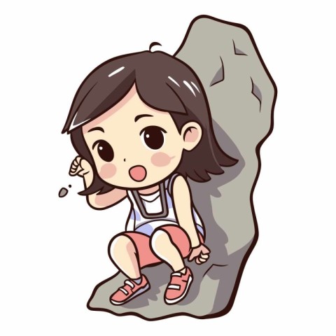 cute little girl climbing a rock on white background