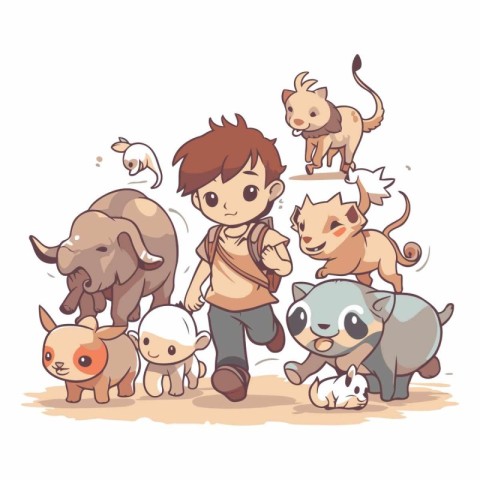 Vector illustration of a little boy with a group of wild animals