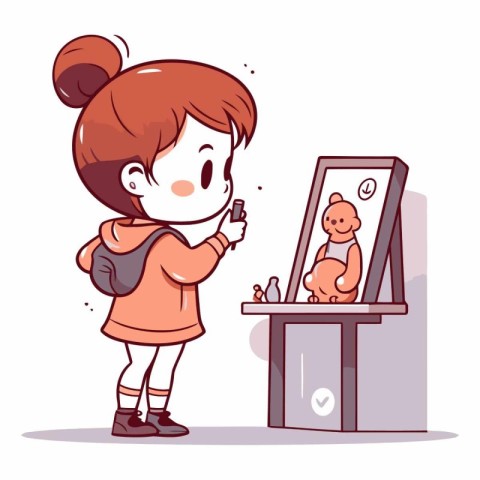 Girl taking a picture of her dog in cartoon style.