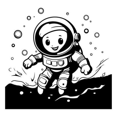 astronaut in the sea. black and white vector illustration.