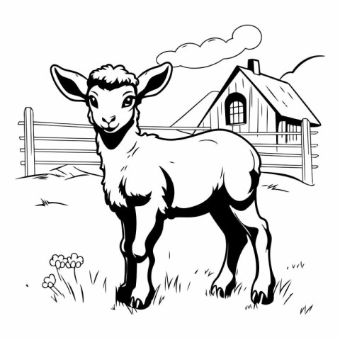 Vector image of a sheep standing in front of a farm house.