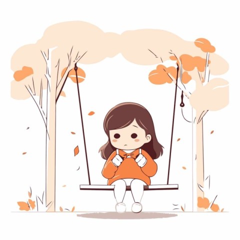 Cute little girl sitting on swing in autumn park.