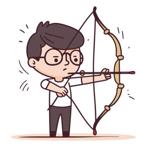 Boy shooting a bow and arrow with glasses in cartoon style.