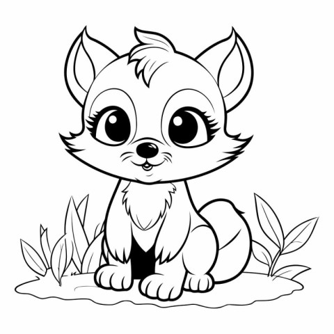 Cute little fox sitting on the grass. Coloring book for children