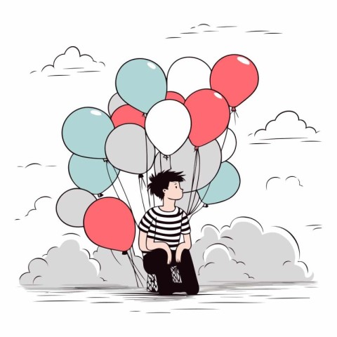 Young man with balloons on a background of clouds.