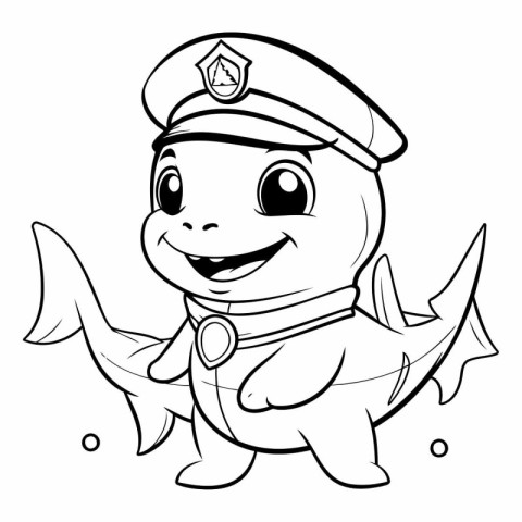 Black and White Cartoon Illustration of Cute Little Shark Captai