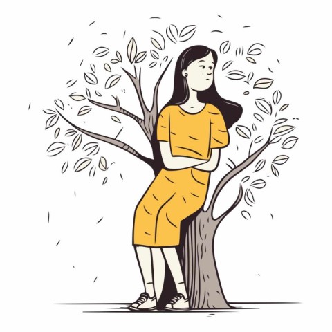 Beautiful woman standing near the tree. Vector hand drawn illust