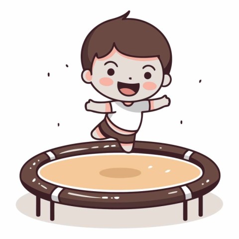 Cute boy jumping on trampoline in cartoon style.