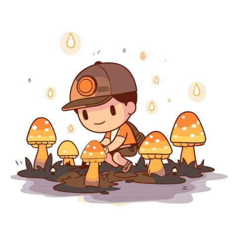 Little boy playing in the mushroom garden. Cute cartoon vector i