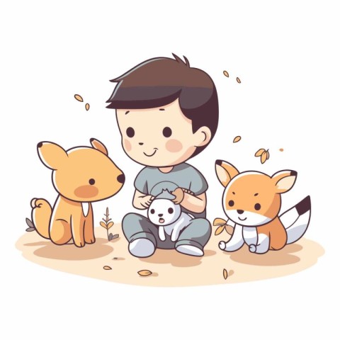 Illustration of a Little Boy Playing with His Cute Foxes