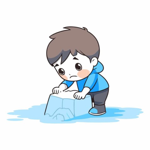 boy trying to dig a hole in the ice. cartoon vector illustration