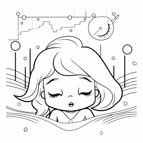 Line art illustration of a cute little girl with long hair and e