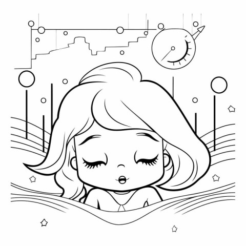 Line art illustration of a cute little girl with long hair and e