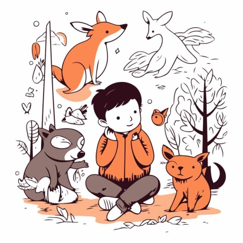 Cute little boy playing with foxes in the park