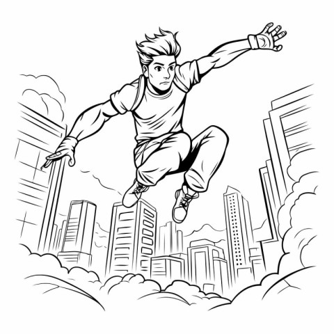 Vector illustration of a young man jumping in the air over citys