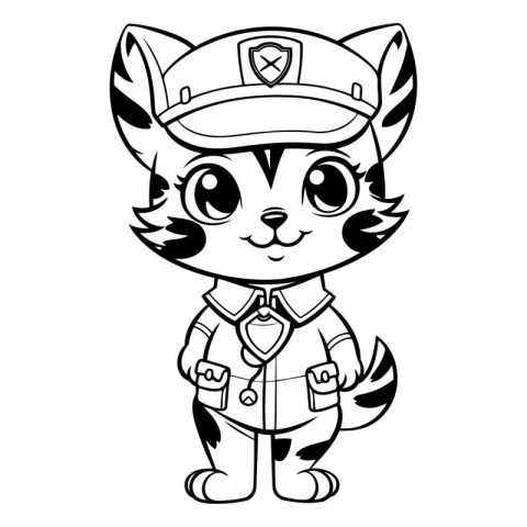 Black and White Cartoon Illustration of Cute Wild Cat Police Cha