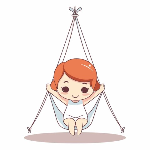 Cute little redhead girl swinging on a swing.