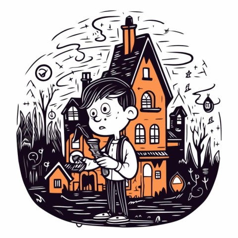 Boy with a magnifying glass in front of a house.