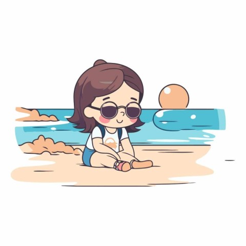 Cute little girl in sunglasses sitting on the beach