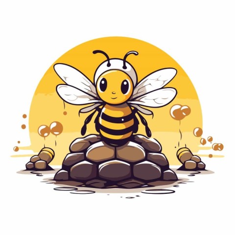 Cute cartoon bee sitting on a stone isolated on white background