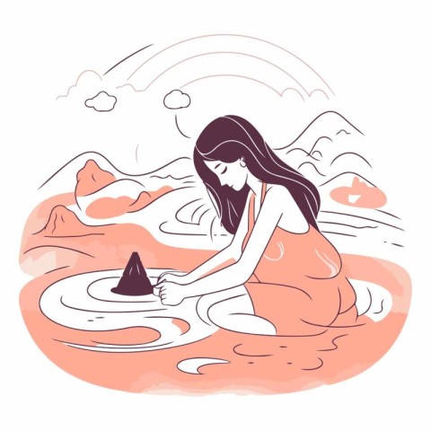 Vector illustration of a girl playing with water in the desert.