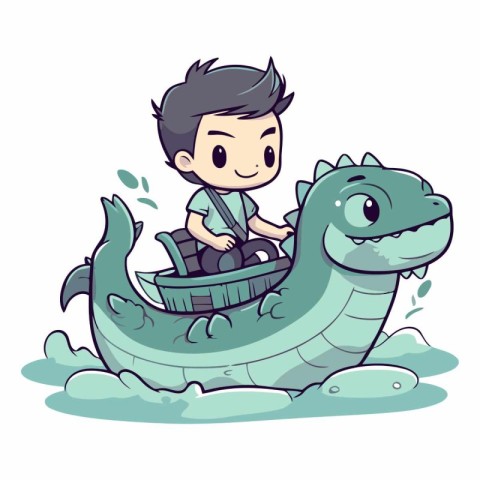 Illustration of a Little Boy Riding a Giant Dinosaur on a Boat