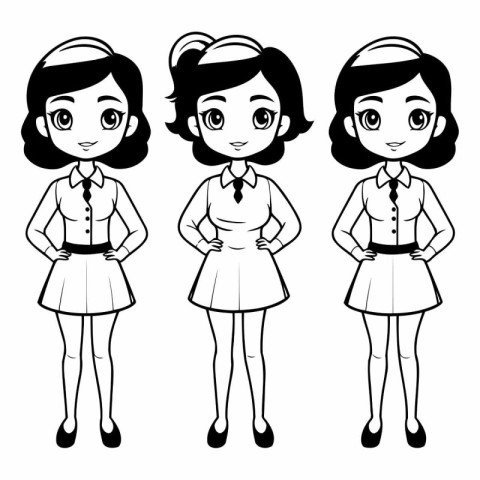 Set of cute school girls in uniform in cartoon style.