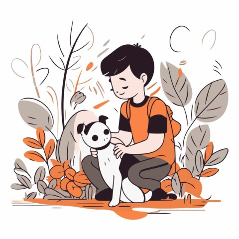 Vector illustration of a boy playing with a dog in the park.