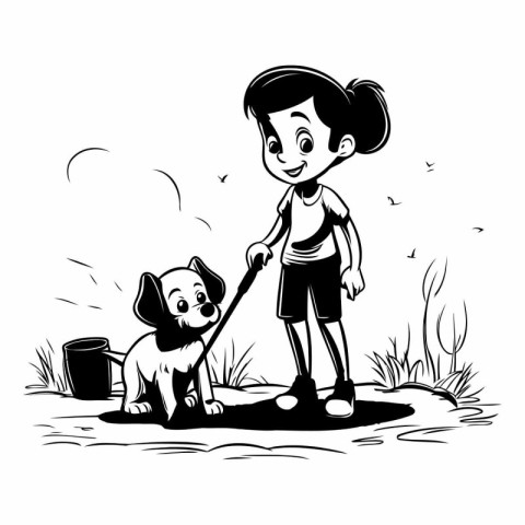 Girl and dog in the park. Black and white vector illustration.