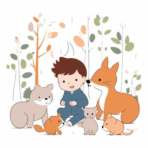 Cute little boy with pets in the park.