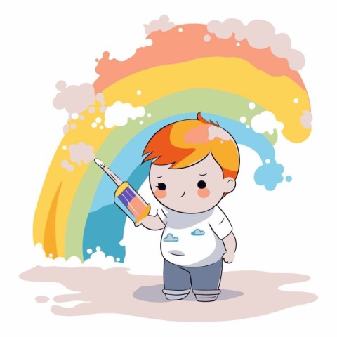 cute little boy with a syringe and rainbow vector illustration d