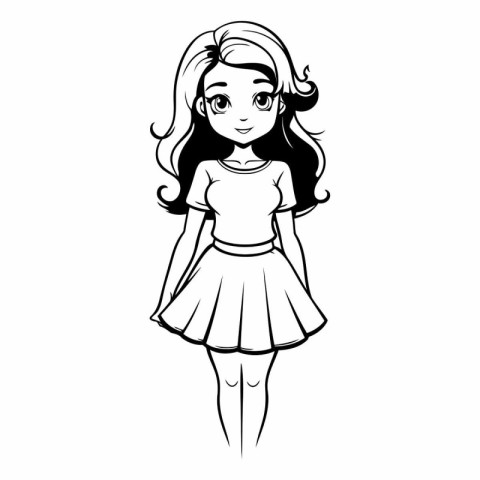 Cute cartoon girl in skirt. Black and white.