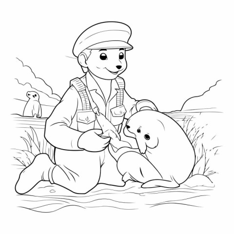 Black and White Cartoon Illustration of a Gardener with a Dog Co