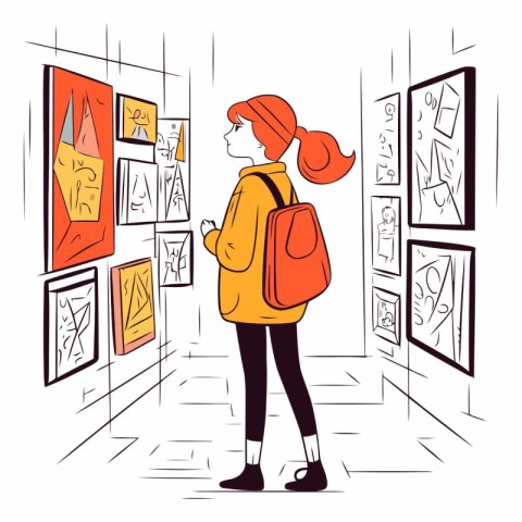 Young woman looking at paintings in art gallery. Vector hand dra