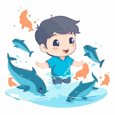 Boy playing with dolphins in the water of boy playing with dolph