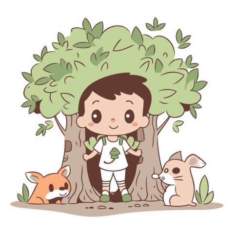 cute little boy with animals in the forest vector illustration g