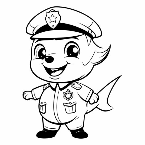 Black and White Cartoon Illustration of Cute Little Policeman or