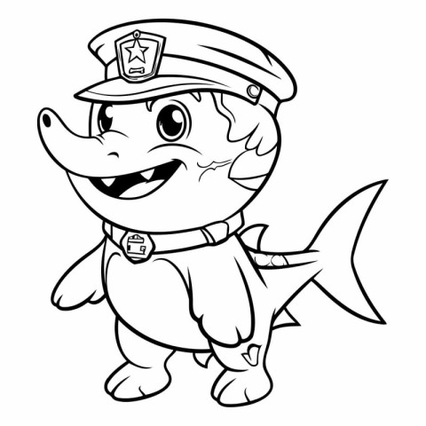 Black and White Cartoon Illustration of Cute Fish Police Officer