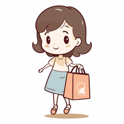 Girl holding shopping bag. Cute cartoon character.