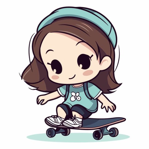 Illustration of a Cute Little Girl Riding a Skateboard