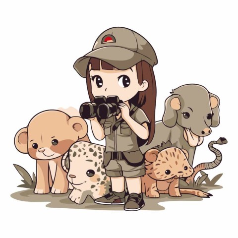 Girl with a camera and a group of wild animals on a white backgr