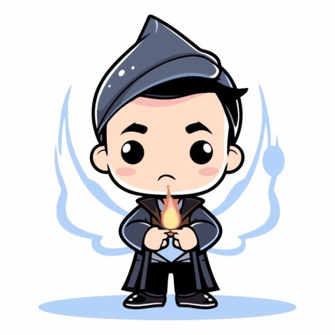 Cute Boy Wearing Police Uniform Holding Candle Cartoon Vector Il