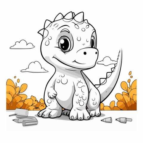 Cute baby dinosaur on a background of autumn leaves