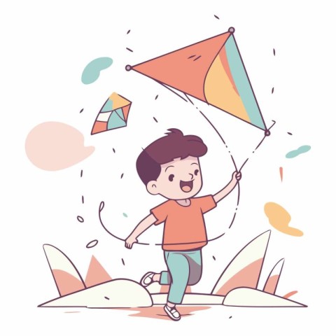 Little boy playing with kite in the sand.