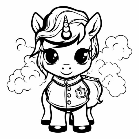 Unicorn Girl - Black and White Cartoon Illustration. Vector